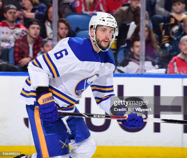 Marco Scandella of the Buffalo Sabres skates against the Washington Capitals during an NHL game on February 19, 2018 at KeyBank Center in Buffalo,...