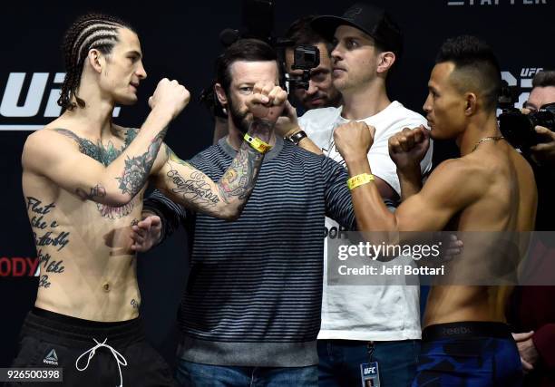 Sean O'Malley and Andre Soukhamthath face off during a UFC 222 weigh-in on March 2, 2018 in Las Vegas, Nevada.