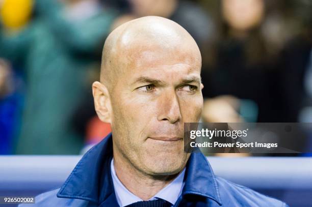 Manager Zinedine Zidane of Real Madrid reacts prior to the La Liga 2017-18 match between Levante UD and Real Madrid at Estadio Ciutat de Valencia on...