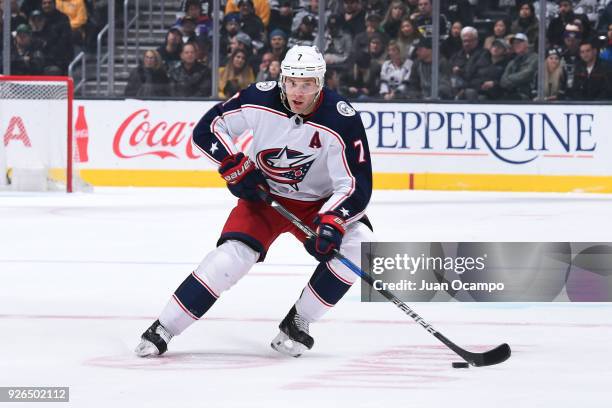 Jack Johnson of the Columbus Blue Jackets handles the puck during a game against the Los Angeles Kings at STAPLES Center on March 1, 2018 in Los...