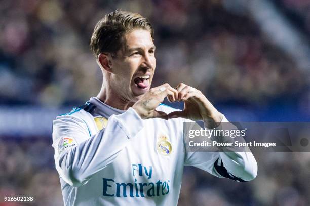 Sergio Ramos of Real Madrid celebrates after scoring his goal during the La Liga 2017-18 match between Levante UD and Real Madrid at Estadio Ciutat...