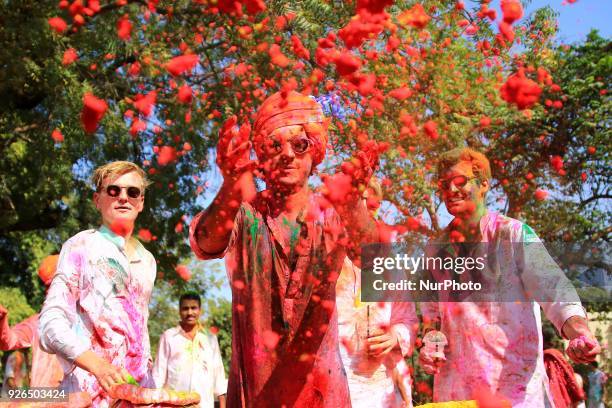 Maharaja of Royal Family Padmanabh Singh play with colors during Holi festival celebration at City Palace in Jaipur,Rajasthan, India on 2 March, 2018.