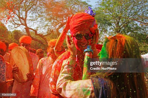 Maharaja of Royal Family Padmanabh Singh play with colors during Holi festival celebration at City Palace in Jaipur,Rajasthan, India on 2 March, 2018.