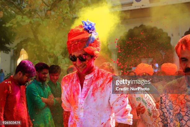 Maharaja of Royal Family Padmanabh Singh play with colors during Holi festival celebration at City Palace in Jaipur,Rajasthan, India on 2 March, 2018.