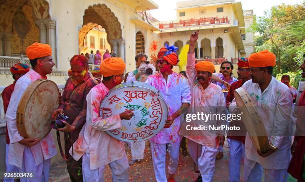 Maharaja of Royal Family Padmanabh Singh play with colors during Holi festival celebration at City Palace in Jaipur,Rajasthan, India on 2 March, 2018.