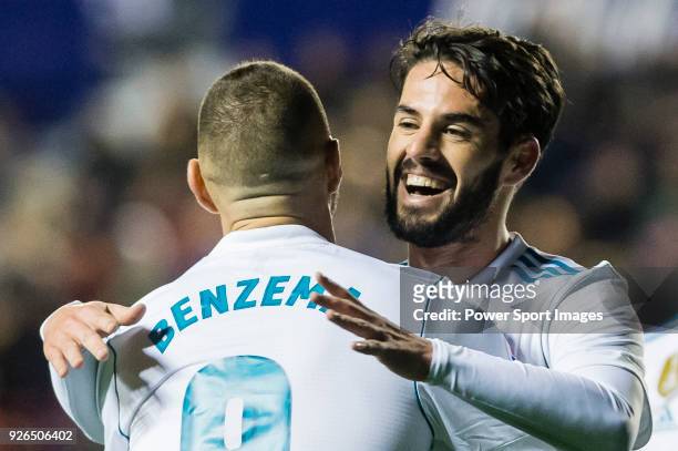 Isco Alarcon of Real Madrid celebrates after scoring his goal with Karim Benzema of Real Madrid during the La Liga 2017-18 match between Levante UD...