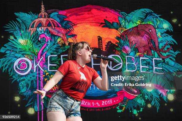 Amelia Meath of Sylvan Esso performs during Okeechobee Festival at Sunshine Grove on March 2, 2018 in Okeechobee, Florida.