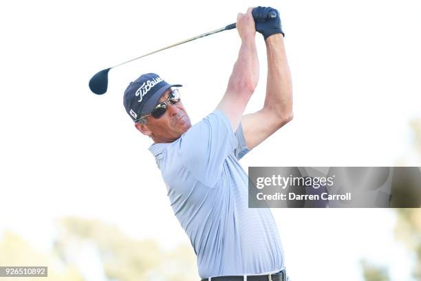 Tommy Tolles of the United States plays a tee shot at the fifteenth hole during the first round of the 2018 Cologuard Classic at Omni Tucson National...