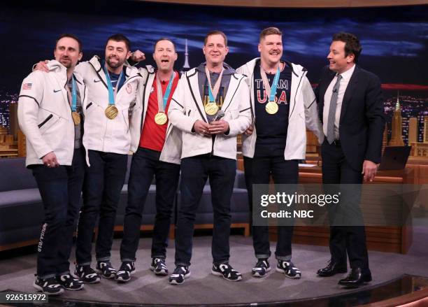 Episode 0825 -- Pictured: U.S. Men's Olympic Curling Champions during an interview with host Jimmy Fallon on March 2, 2018 --