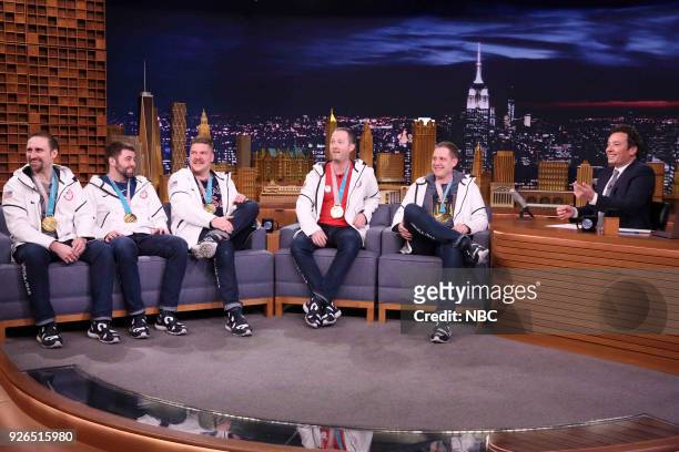 Episode 0825 -- Pictured: U.S. Men's Olympic Curling Champions during an interview with host Jimmy Fallon on March 2, 2018 --