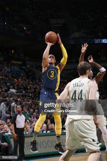 Joe Young of the Indiana Pacers shoots the ball against the Milwaukee Bucks on March 2, 2018 at the BMO Harris Bradley Center in Milwaukee,...