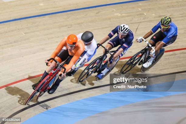 Netherland's Jan Willem Van Schip competes during the men's points race final during the UCI Track Cycling World Championships in Apeldoorn on March...