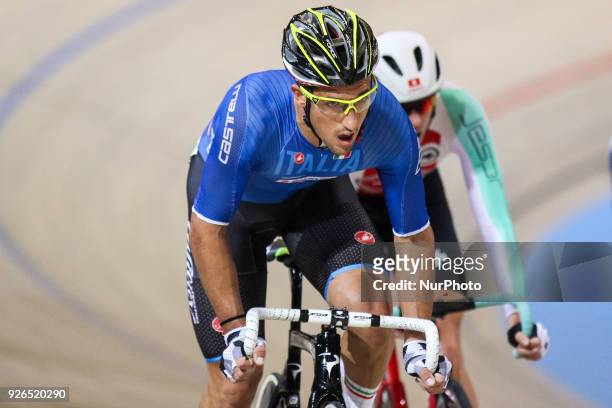 Italian Liam Bertazzo competes during the men's points race final during the UCI Track Cycling World Championships in Apeldoorn on March 2, 2018.