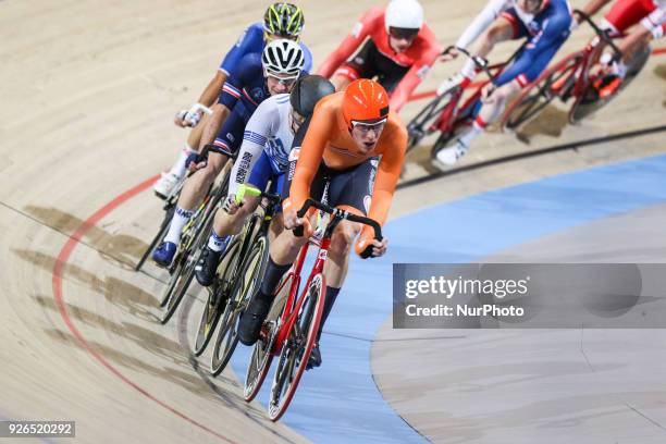 Netherland's Jan Willem Van Schip competes during the men's points race final during the UCI Track Cycling World Championships in Apeldoorn on March...