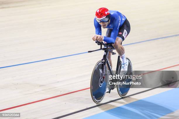 Italian Filippo Ganna competes in the men's individual pursuit race final during the UCI Track Cycling World Championships in Apeldoorn on March 2,...