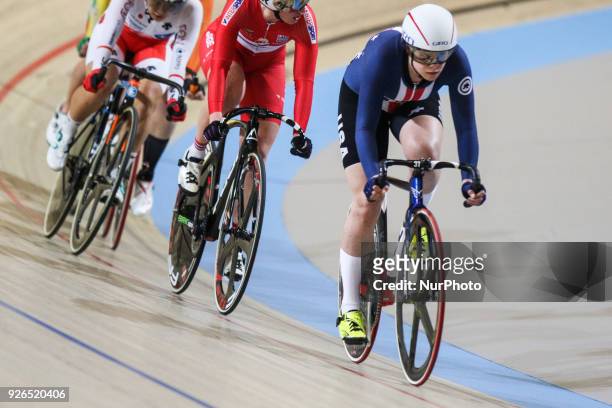 Jennifer Valente competes during the women's omnium during the UCI Track Cycling World Championships in Apeldoorn on March 2, 2018.