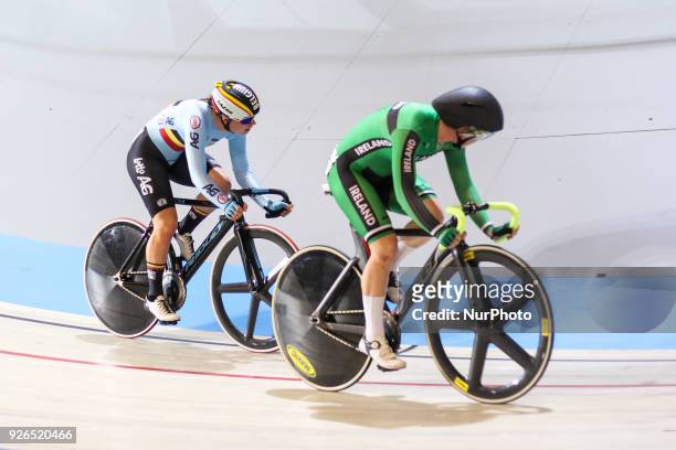 Lotte Kopecky ,Lydia Boylan compete during the women's omnium during the UCI Track Cycling World Championships in Apeldoorn on March 2, 2018.