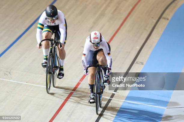 Gold medalist Germany's Kristina Vogel rides ahead of Silver medalist Australia's Stephanie Morto during the women's sprint final during the UCI...