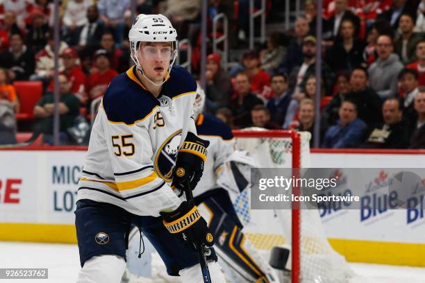 Buffalo Sabres defenseman Rasmus Ristolainen, of Finland, watches the play during a regular season NHL hockey game between the Buffalo Sabres and the...