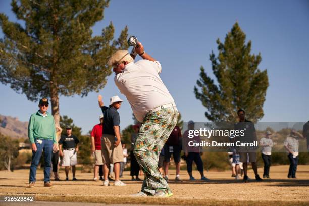 John Daly of the United States plays his second shot at the eighth hole during the first round of the 2018 Cologuard Classic at Omni Tucson National...