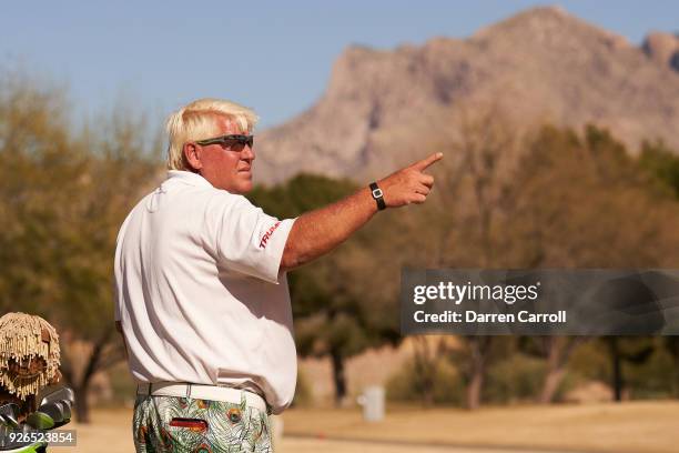 John Daly of the United States prepares to play his second shot at the eighth hole during the first round of the 2018 Cologuard Classic at Omni...