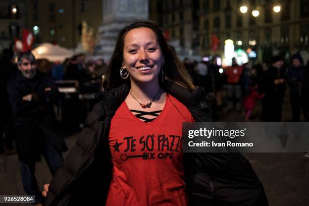 Viola Carofalo, leader of the extreme left party "Power to the People", closes his electoral campaign in Piazza Dante on March 2, 2018 in Naples,...