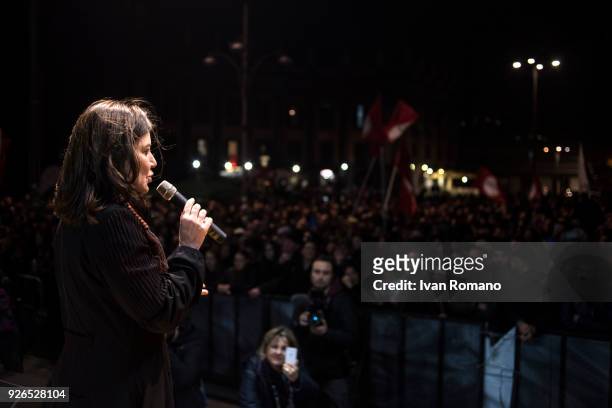Sabina Guzzanti, satirical actress during the closing electoral campaign of the extreme left party "Power to the People" in Piazza Dante on March 2,...