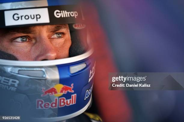 Shane Van Gisbergen driver of the Red Bull Holden Racing Team Holden Commodore ZB looks on during qualifying for Supercars Adelaide 500 on March 2,...