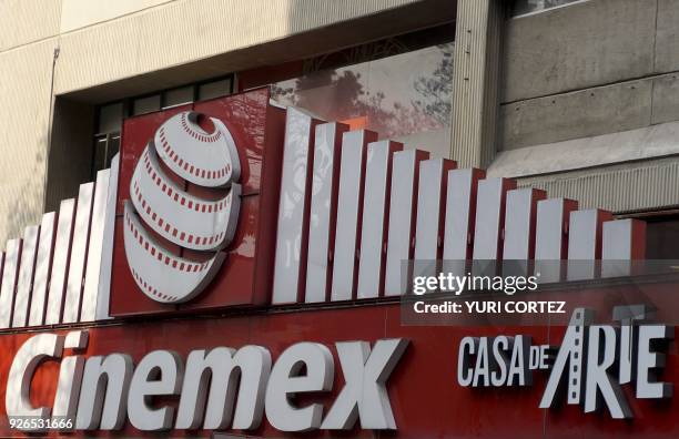 View of the facade of the Cinemex movie theater chain on March 2, 2018 in Mexico City. Mexican film directors have won the most important Hollywood...