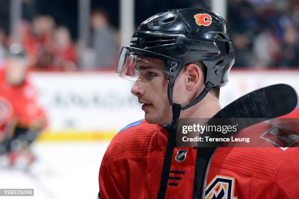 Sean Monahan of the Calgary Flames before an NHL game against the New York Rangers on March 2, 2018 at the Scotiabank Saddledome in Calgary, Alberta,...