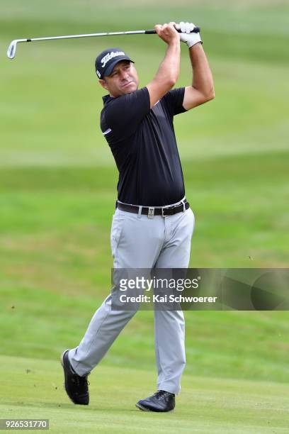 Terry Pilkadaris of Australia plays a shot during day three of the ISPS Handa New Zealand Golf Open at Millbrook Golf Resort on March 3, 2018 in...