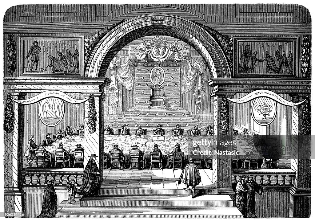 Riunione dell'Accademia di Francia / Académie Française - al Louvre - 1714, l'Académie française è il principale consiglio francese per le questioni relative alla lingua francese