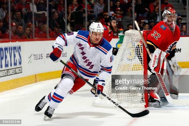Cody McLeod of the New York Rangers skates against the Calgary Flames during an NHL game on March 2, 2018 at the Scotiabank Saddledome in Calgary,...