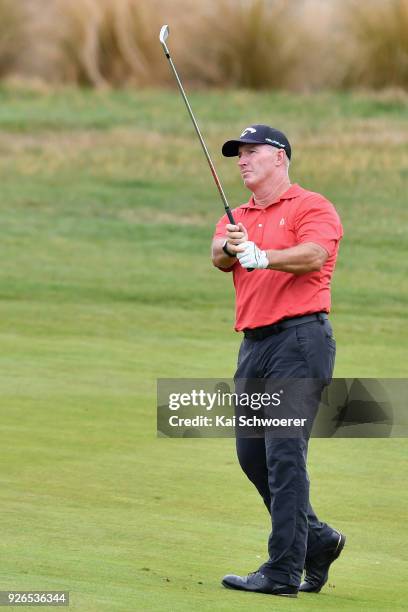 Peter Lonard of Australia plays a shot during day three of the ISPS Handa New Zealand Golf Open at Millbrook Golf Resort on March 3, 2018 in...