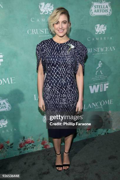Greta Gerwig attends the 11th annual celebration of the 2018 female Oscar nominees presented by Women in Film at Crustacean on March 2, 2018 in...