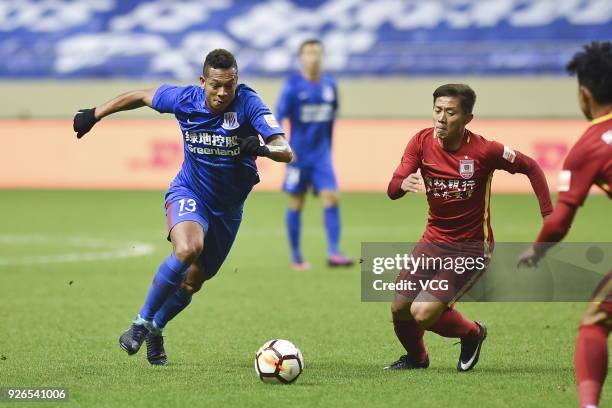 Fredy Guarin of Shanghai Shenhua drives the ball during the 2018 Chinese Football Association Super League first round match between Shanghai Shenhua...