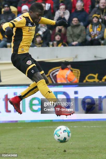 Moussa Kone of Dresden controls the ball during the Second Bundesliga match between SG Dynamo Dresden and SSV Jahn Regensburg at DDV-Stadion on...