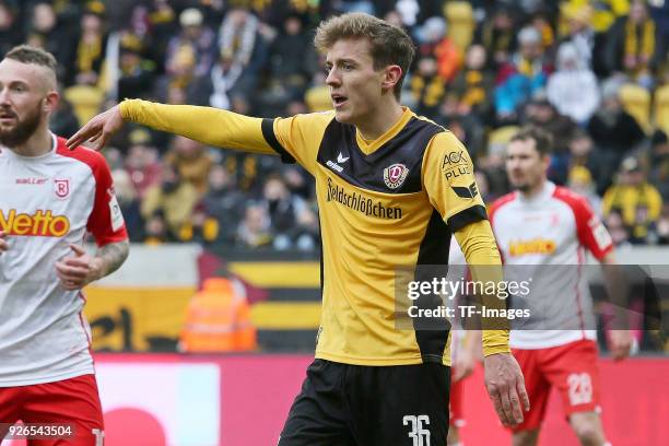 Niklas Hauptmann of Dresden gestures during the Second Bundesliga match between SG Dynamo Dresden and SSV Jahn Regensburg at DDV-Stadion on February...