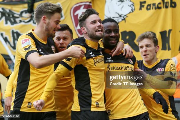 Erich Berko of Dresden celebrates after scoring his team`s first goal with team mates during the Second Bundesliga match between SG Dynamo Dresden...