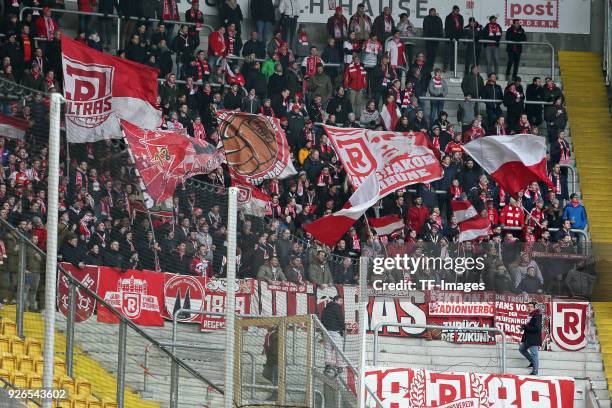 Supporters of Regensburg are seen during the Second Bundesliga match between SG Dynamo Dresden and SSV Jahn Regensburg at DDV-Stadion on February 18,...