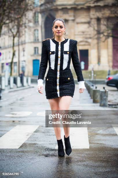 Matilde Gioli, in Balmain total look, is seen in the streets of Paris after the Balmain show during Paris Fashion Week Womenswear Fall/Winter...
