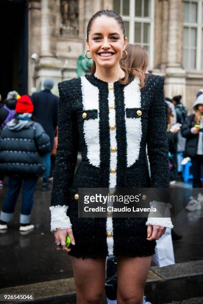 Matilde Gioli, in Balmain total look, is seen in the streets of Paris after the Balmain show during Paris Fashion Week Womenswear Fall/Winter...