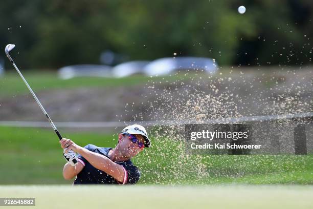 Tim Wilkinson of New Zealand plays a bunker shot during day three of the ISPS Handa New Zealand Golf Open at Millbrook Golf Resort on March 3, 2018...