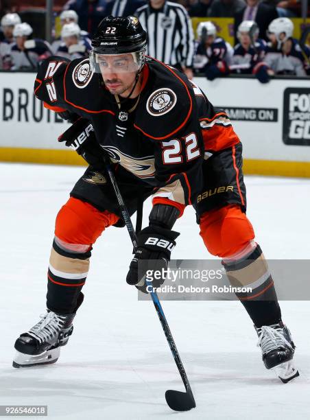 Chris Kelly of the Anaheim Ducks waits for a face-off during the game against the Columbus Blue Jackets on March 2, 2018 at Honda Center in Anaheim,...