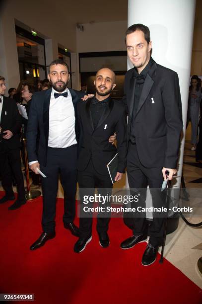 Jean Rachid, Minos and Grand Corps Malade arrive at the Cesar Film Awards 2018 at Salle Pleyel on March 2, 2018 in Paris, France.