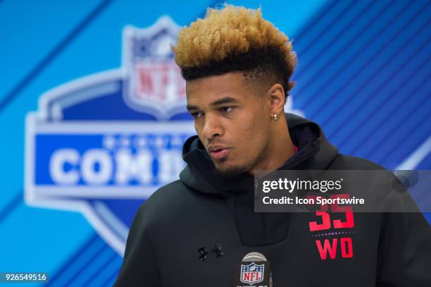 Notre Dame wide receiver Equanimeous St Brown answers questions from the media during the NFL Scouting Combine on March 2, 2018 at the Indiana...