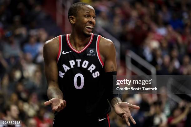 Miles of the Toronto Raptors reacts during the second half against the Washington Wizards at Capital One Arena on March 2, 2018 in Washington, DC....