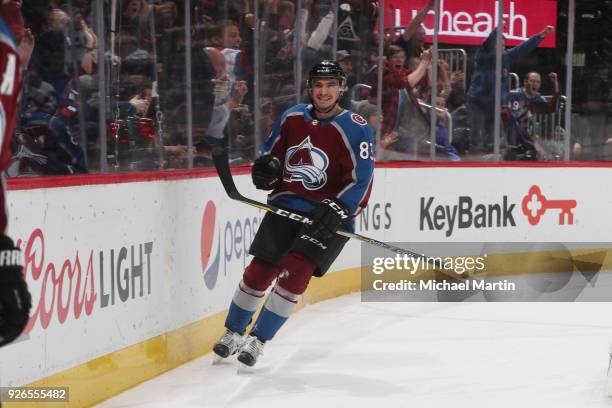 Matt Nieto of the Colorado Avalanche celebrates after scoring a goal against the Minnesota Wild at the Pepsi Center on March 2, 2018 in Denver,...