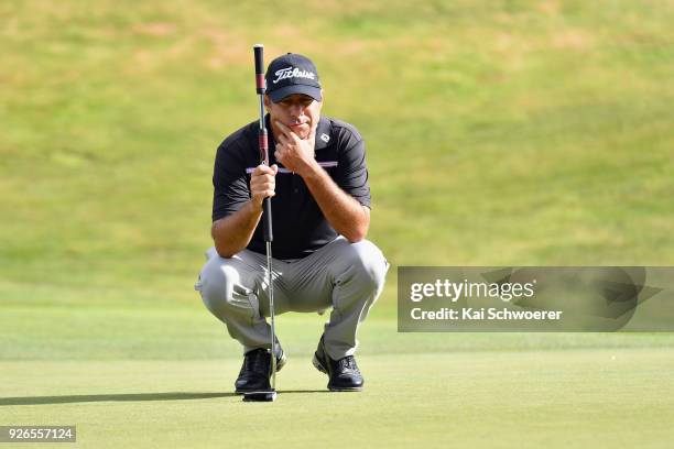 Terry Pilkadaris of Australia lines up a putt during day three of the ISPS Handa New Zealand Golf Open at Millbrook Golf Resort on March 3, 2018 in...