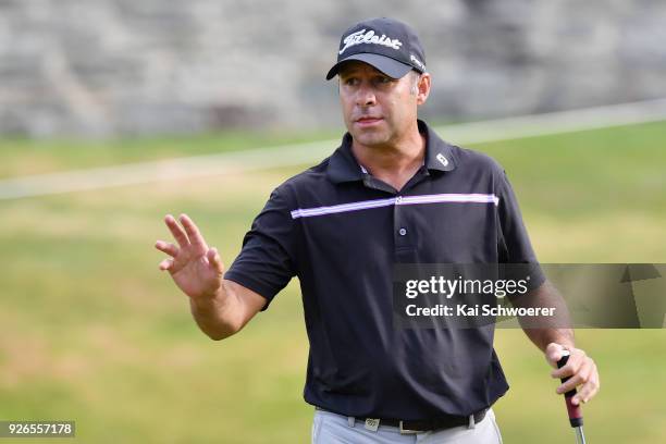 Terry Pilkadaris of Australia reacting during day three of the ISPS Handa New Zealand Golf Open at Millbrook Golf Resort on March 3, 2018 in...